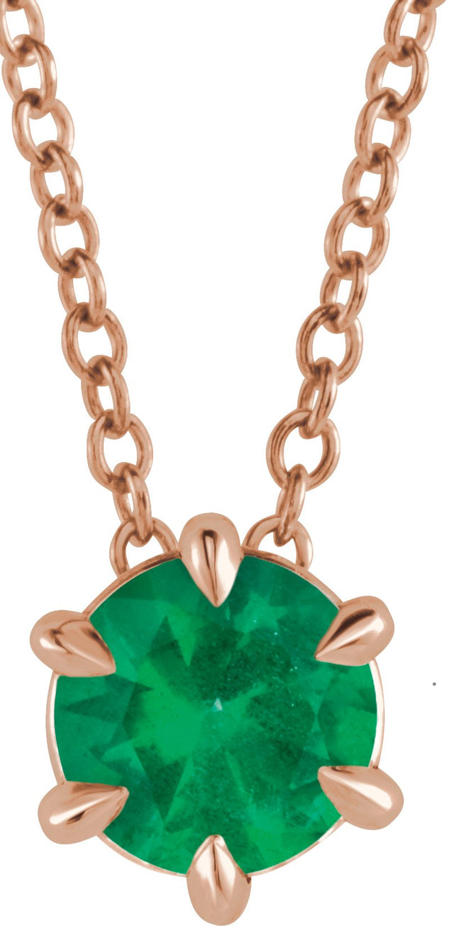 14K Gold Round Natural Emerald Solitaire Necklace or Slide Pendant II - Rose Gold
