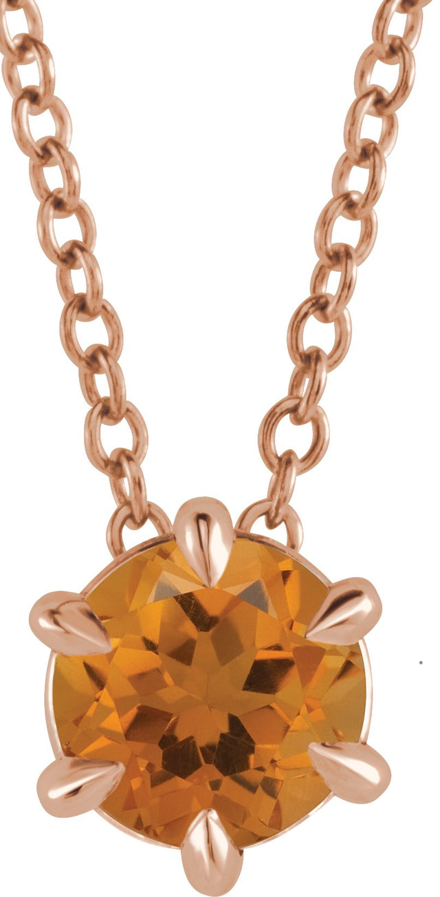 14K Gold Round Natural Citrine Solitaire Necklace or Slide Pendant II - Rose Gold
