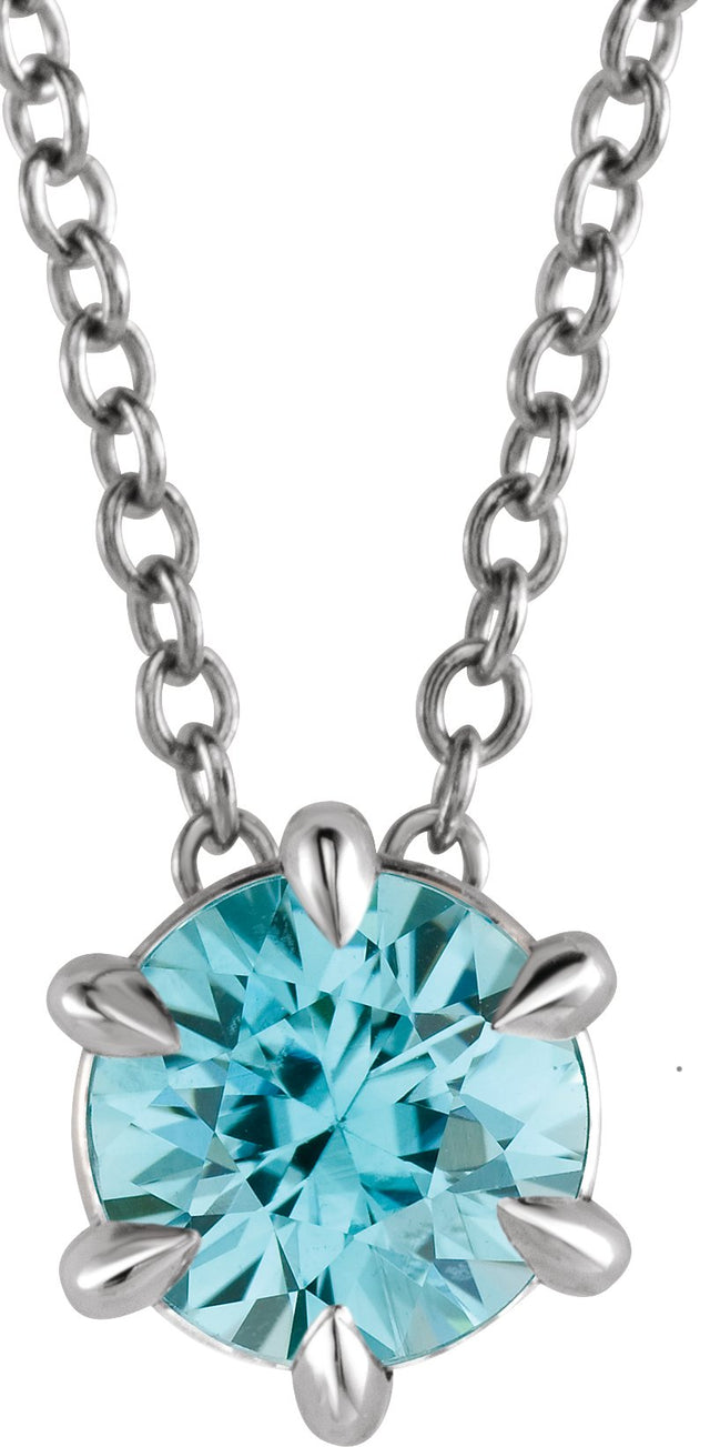 14K Gold Round Natural Blue Zircon Solitaire Necklace or Slide Pendant II - White Gold