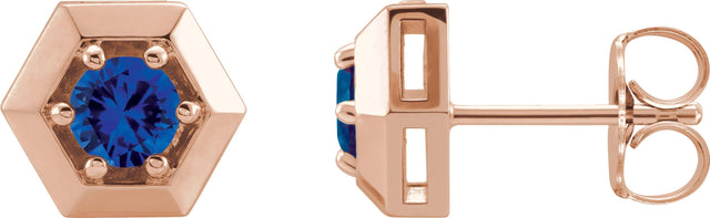 14K Gold Natural Blue Sapphire Round 3-Prong Geometric Earrings - Rose Gold