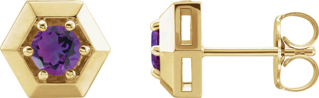 14K Gold Natural Amethyst Round 3-Prong Geometric Earrings - Yellow Gold