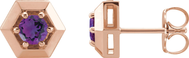 14K Gold Natural Amethyst Round 3-Prong Geometric Earrings - Rose Gold