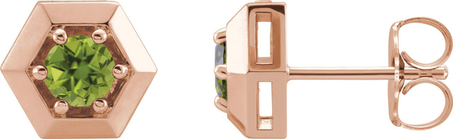 14K Gold Natural Peridot Round 3-Prong Geometric Earrings - Rose Gold