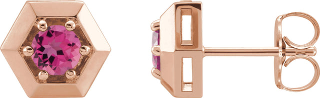 14K Gold Natural Pink Tourmaline Round 3-Prong Geometric Earrings - Rose Gold