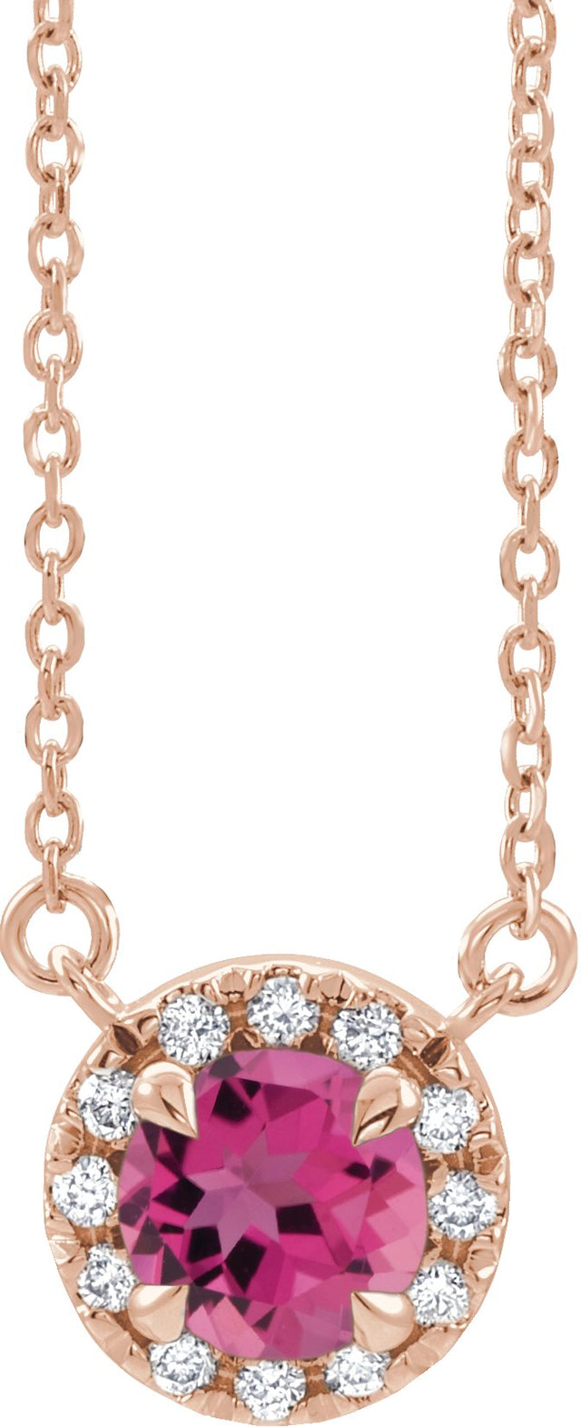 14K Gold Round Natural Pink Tourmaline French-Set Halo-Style Necklace - Rose Gold