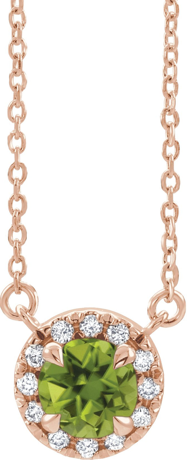 14K Gold Round Natural Peridot French-Set Halo-Style Necklace - Rose Gold