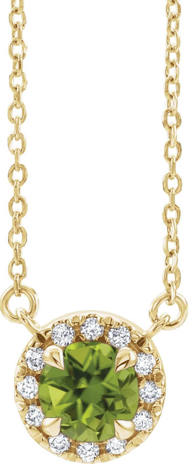 14K Gold Round Natural Peridot French-Set Halo-Style Necklace - Yellow Gold