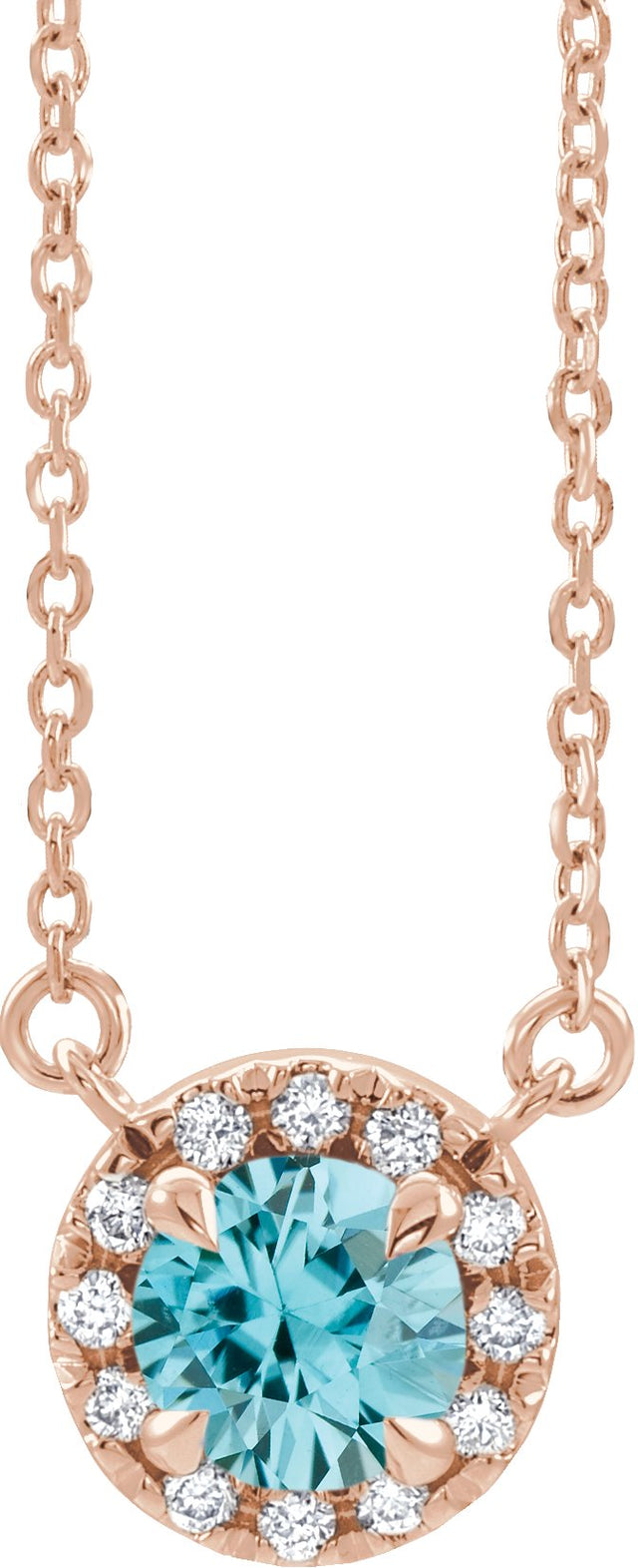 14K Gold Round Natural Blue Zircon French-Set Halo-Style Necklace - Rose Gold