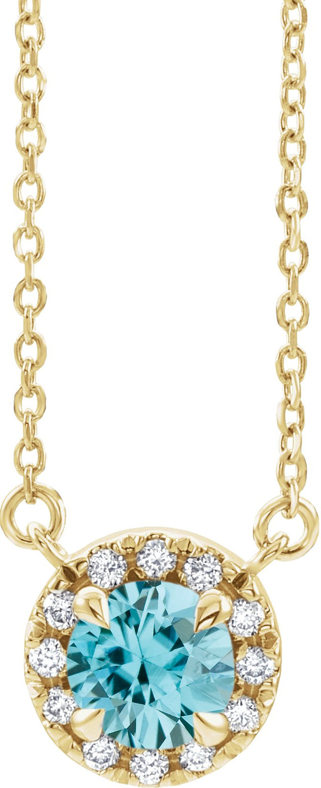 14K Gold Round Natural Blue Zircon French-Set Halo-Style Necklace - Yellow Gold