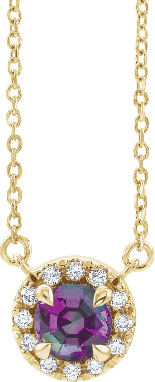 14K Gold Round Natural Alexandrite French-Set Halo-Style Necklace - Yellow Gold