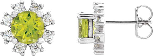 14K Gold Natural Peridot Round 4-Prong Halo-Style Earrings - White Gold