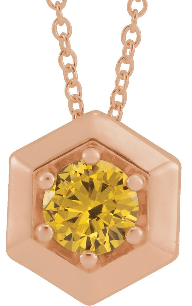 14K Gold Round Natural Citrine Geometric Necklace or Pendant - Rose Gold