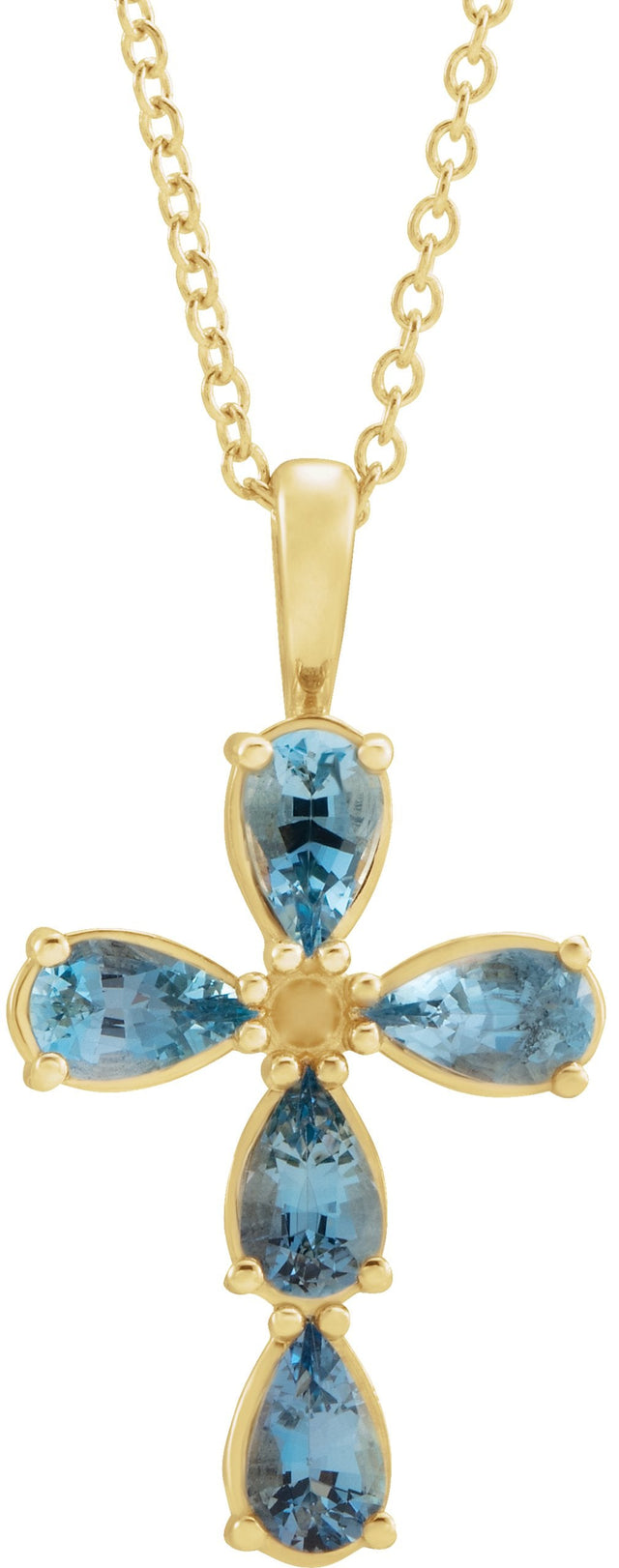 14K Gold Pear Natural Aquamarine Cross Necklace or Pendant - Yellow Gold