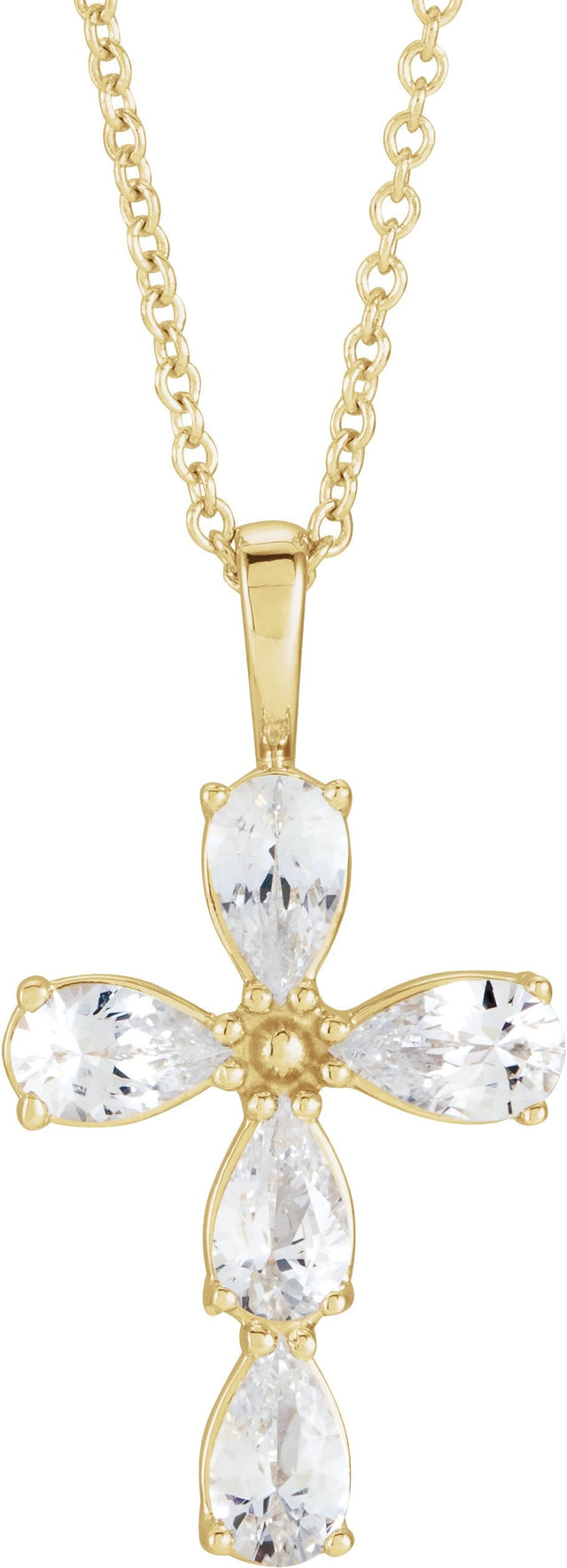 14K Gold Pear Natural White Sapphire Cross Necklace or Pendant - Yellow Gold