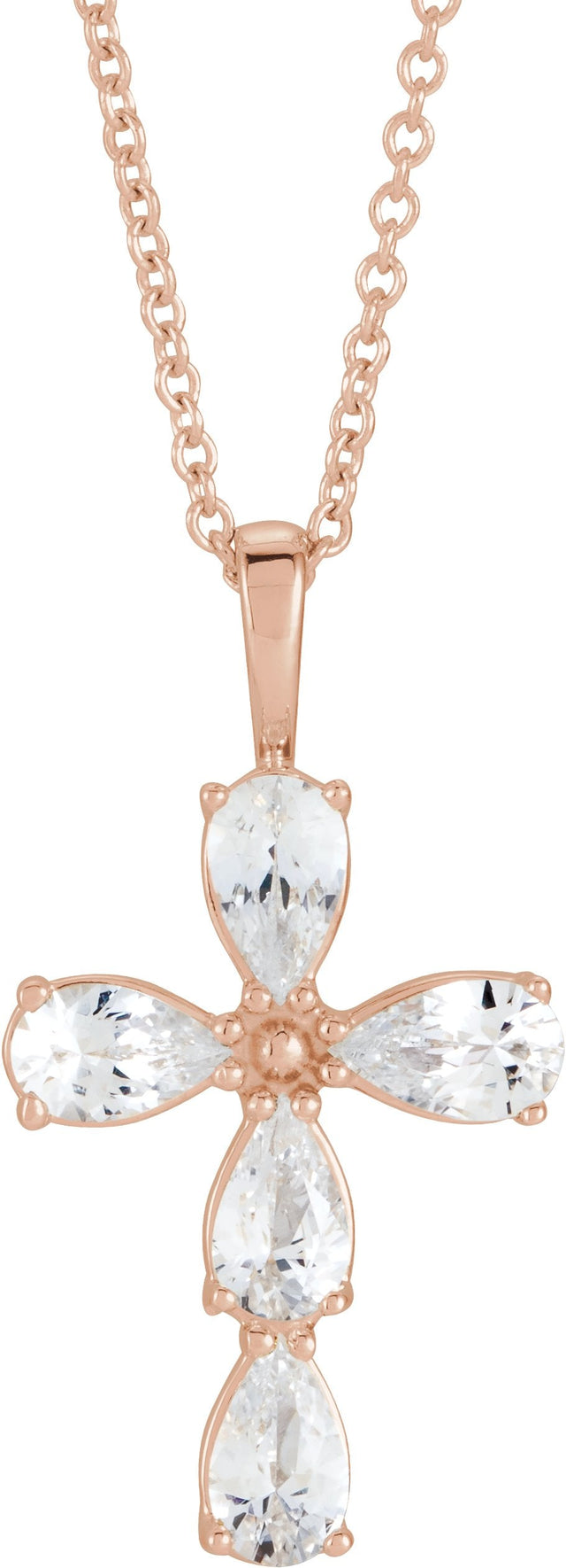 14K Gold Pear Natural White Sapphire Cross Necklace or Pendant - Rose Gold