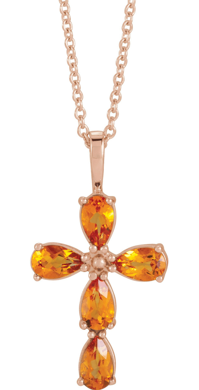 14K Gold Pear Natural Citrine Cross Necklace or Pendant - Rose Gold