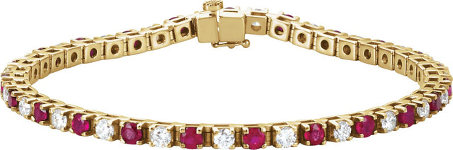 14K Gold Round Natural Ruby Line Bracelet - Yellow Gold