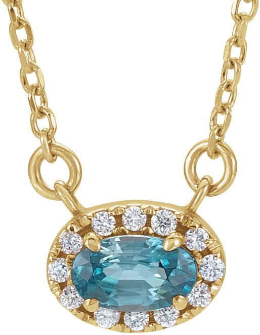 14K Gold Oval Natural Blue Zircon French-Set Halo-Style Necklace - Yellow Gold