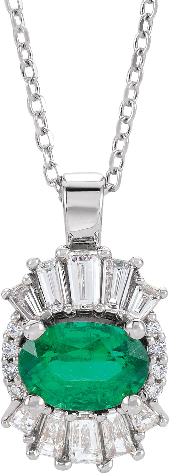 14K Gold Oval Natural Emerald Halo-Style Necklace or Pendant - White Gold