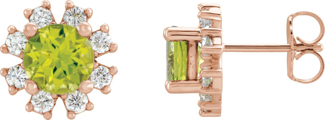14K Gold Natural Peridot Round 4-Prong Halo-Style Earrings - Rose Gold