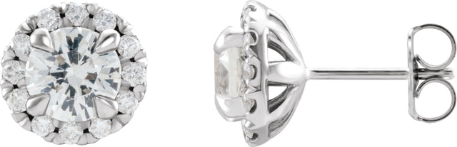 Platinum Round Natural White Sapphire French-Set Halo-Style Earrings