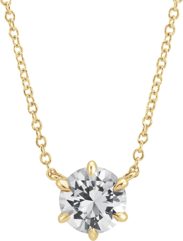 14K Gold Round Natural White Sapphire Solitaire Necklace - Yellow Gold