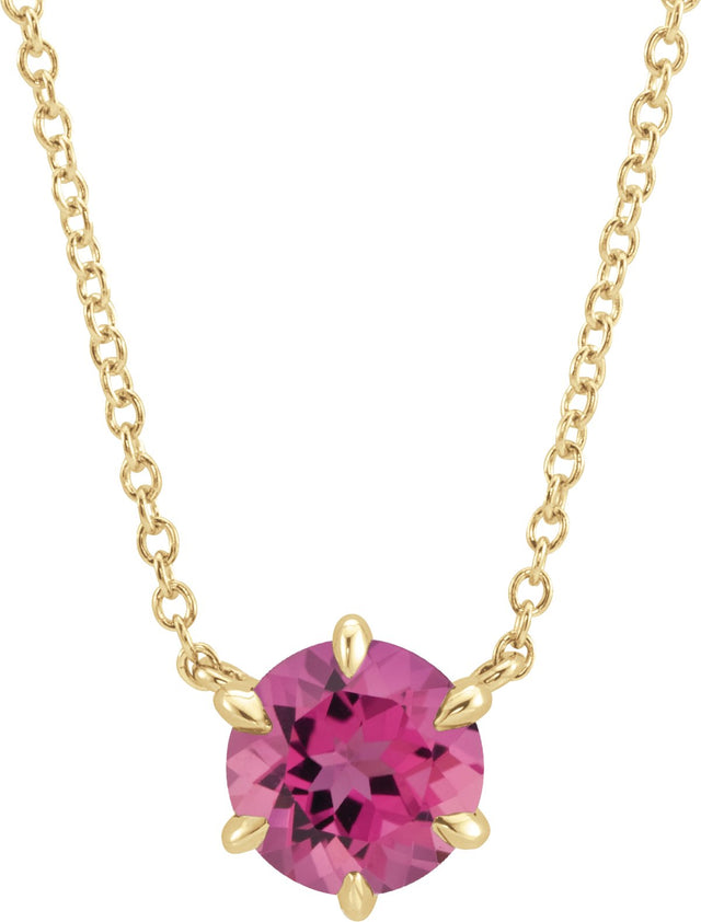 14K Gold Round Natural Pink Tourmaline Solitaire Necklace II - Yellow Gold