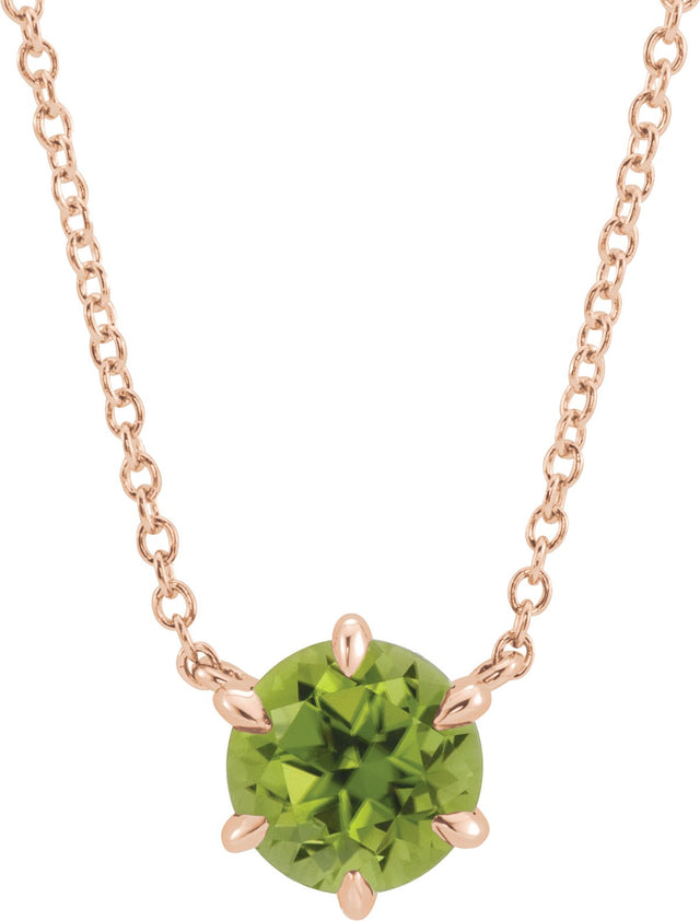 14K Gold Round Natural Peridot Solitaire Necklace - Rose Gold