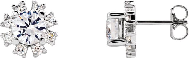 14K Gold Natural White Sapphire Round 4-Prong Halo-Style Earrings - White Gold