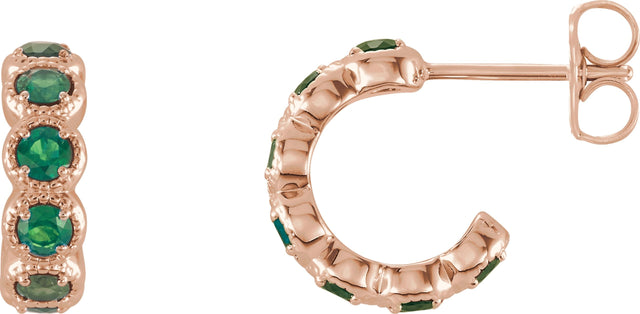14K Gold Round Natural Emerald Accented Hoop Earrings - Rose Gold
