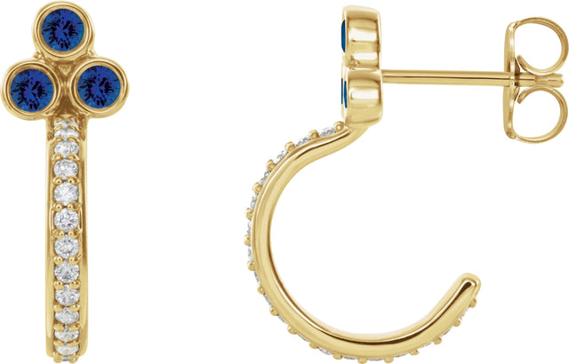 14K Gold Round Lab-Grown Blue Sapphire Accented Bezel-Set J-Hoop Earrings