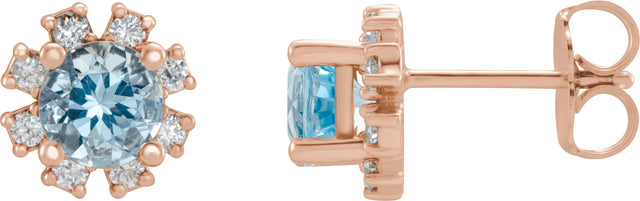 14K Gold Natural Aquamarine Round 4-Prong Halo-Style Earrings - Rose Gold