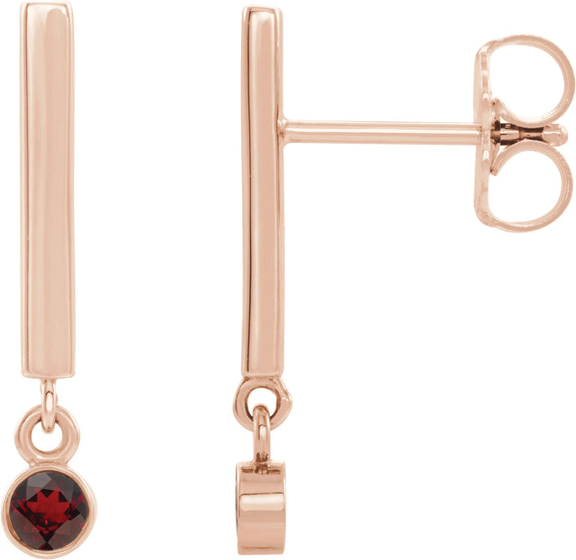 14K Gold Round Natural Mozambique Garnet Bezel-Set Bar Earrings - Rose Gold