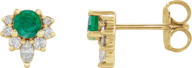 14K Gold Round Lab-Grown Emerald Accented Earrings - Yellow Gold