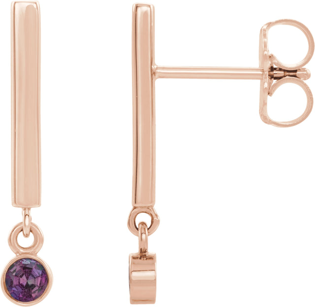 14K Gold Round Natural Alexandrite Bezel-Set Bar Earrings - Rose Gold
