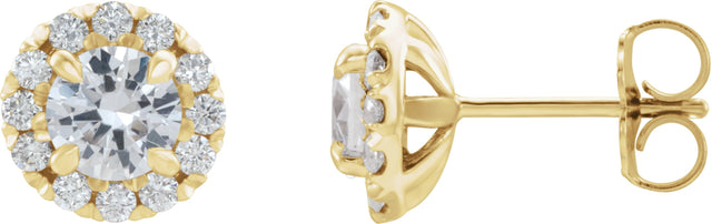 14K Gold Round Natural White Sapphire French-Set Halo-Style Earrings - Yellow Gold