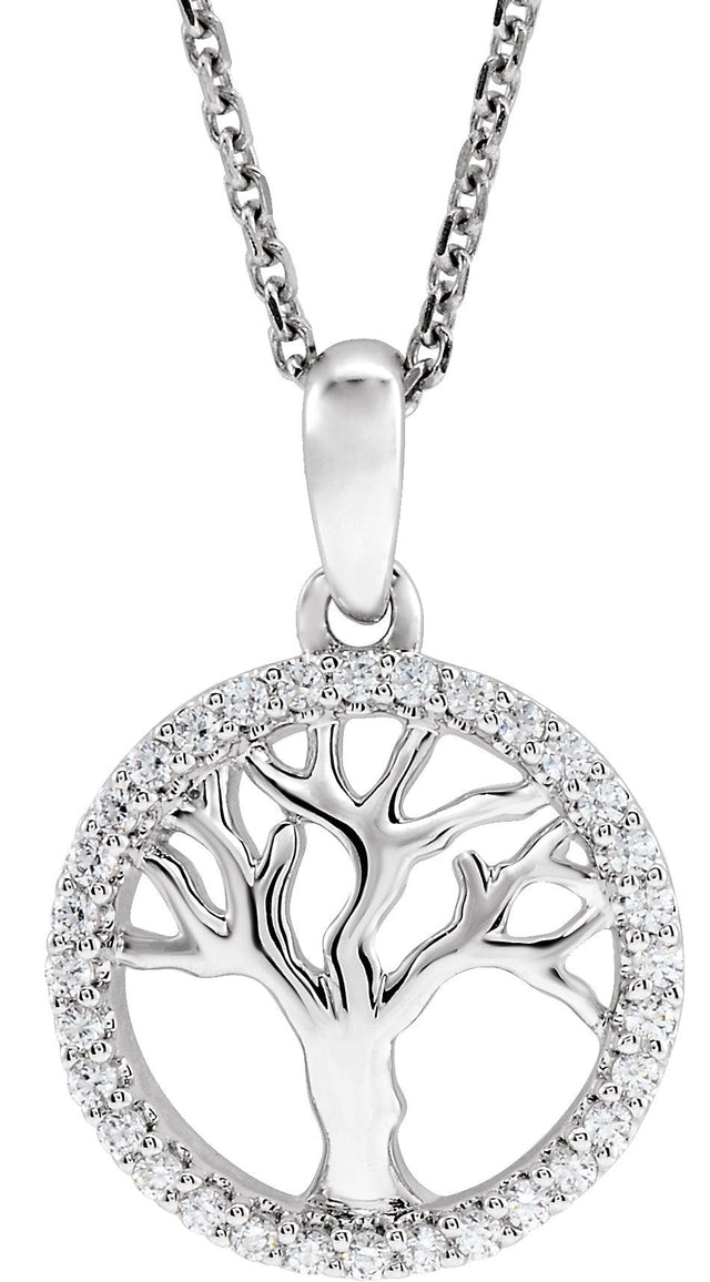 14K Gold Round Natural Diamond Accented Tree of Life Necklace - White Gold