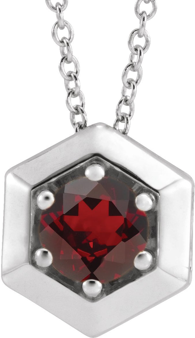 14K Gold Round Natural Mozambique Garnet Geometric Necklace or Pendant - White Gold