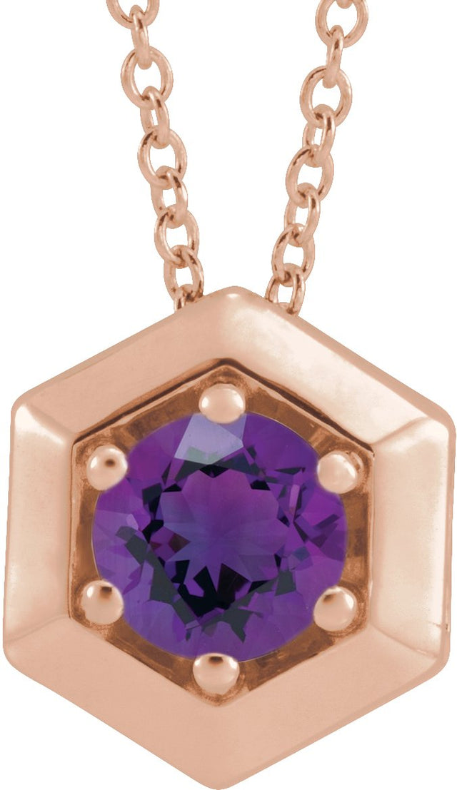 14K Gold Round Natural Amethyst Geometric Necklace or Pendant - Rose Gold