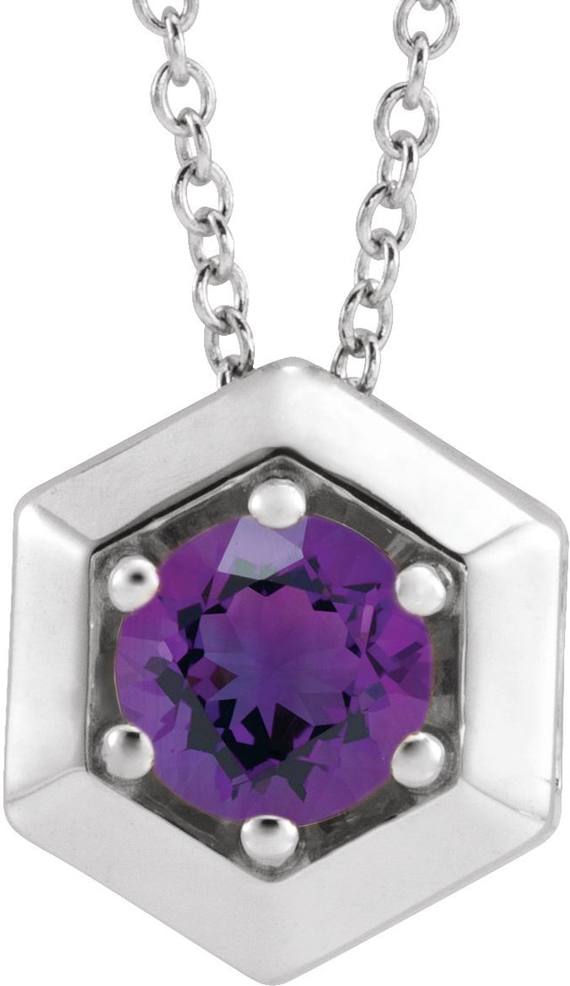 Platinum Round Natural Amethyst Geometric Necklace or Pendant
