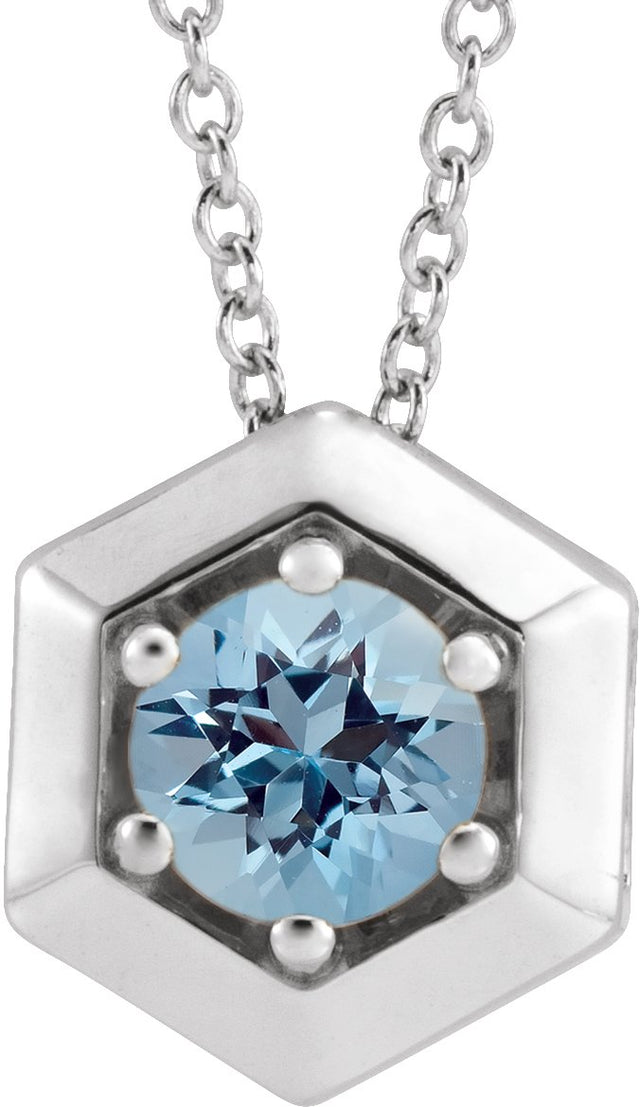 Platinum Round Natural Aquamarine Geometric Necklace or Pendant