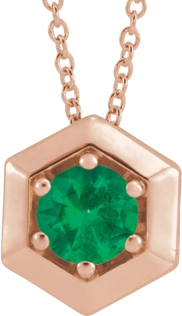 14K Gold Round Natural Emerald Geometric Necklace or Pendant - Rose Gold