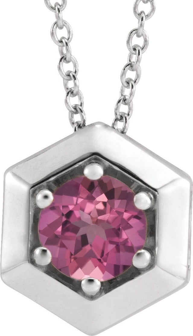 Platinum Round Natural Pink Tourmaline Geometric Necklace or Pendant