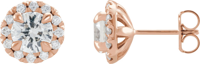 14K Gold Round Natural White Sapphire French-Set Halo-Style Earrings - Rose Gold