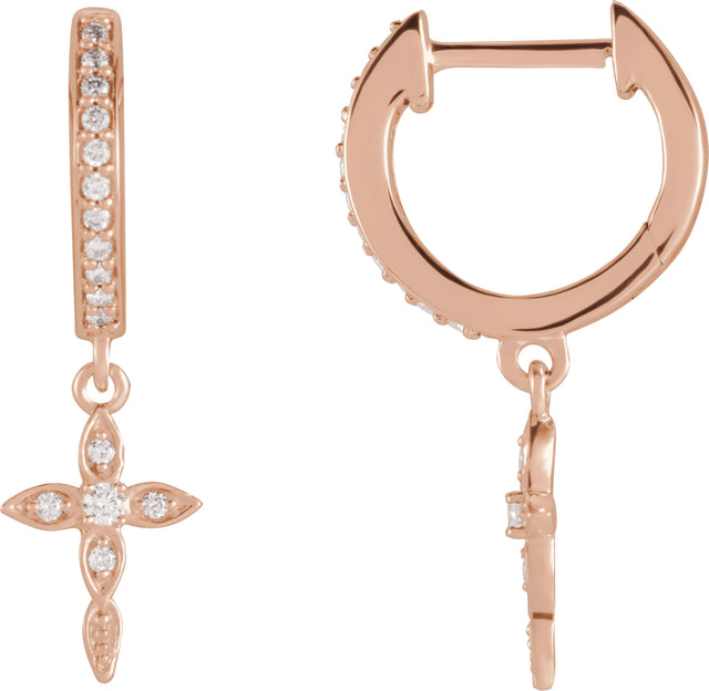 14K Gold Round Natural Diamond Accented Cross Hoop Earrings – 1.5mm Stones - Rose Gold