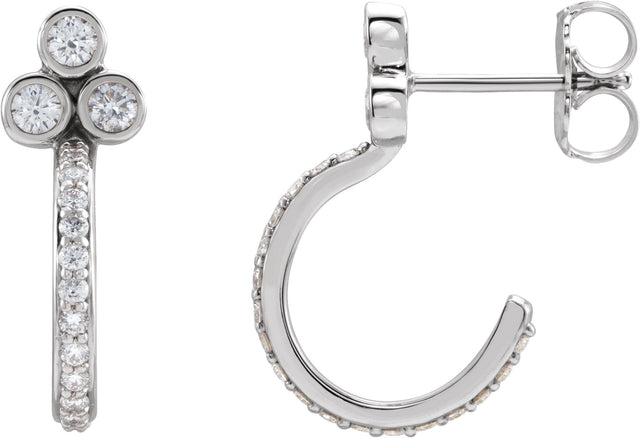 Platinum Round Natural Diamond Accented Bezel-Set J-Hoop Earrings