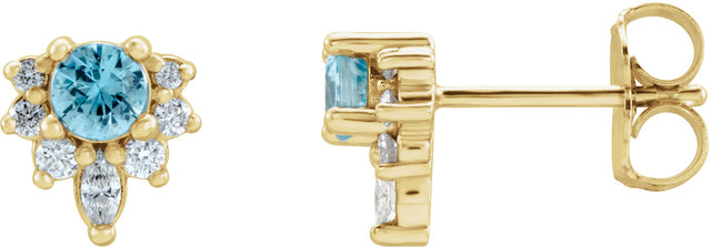 14K Gold Round Natural Blue Zircon Accented Earrings - Yellow Gold