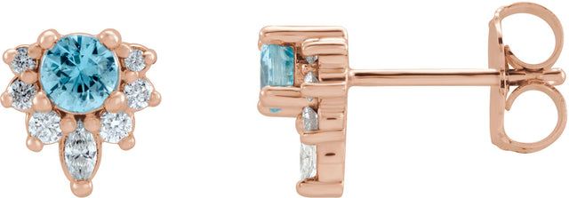 14K Gold Round Natural Blue Zircon Accented Earrings - Rose Gold