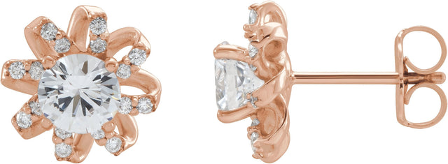 14K Gold Natural White Sapphire Round 4-Prong Halo-Style Twist Earrings - Rose Gold