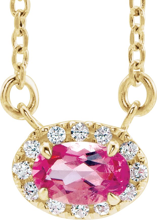 14K Gold Oval Natural Pink Tourmaline French-Set Halo-Style Necklace - Yellow Gold